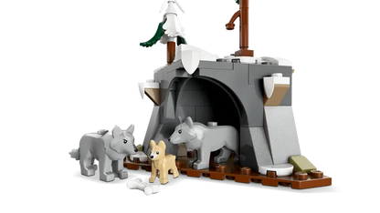 LEGO® City Arctic Explorer Science Lab Truck 60471 comes with a remote cave that’s home to a family of Arctic wolves