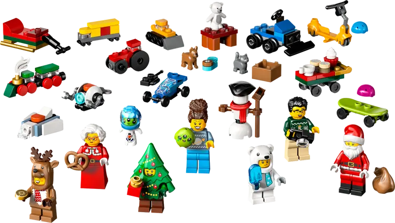 LEGO Advent calendar 2025 60475 with 24 surprises – Includes Santa and Mrs. Claus minifigures, characters with polar bear, reindeer and holiday tree costumes, mini builds and fun accessories
