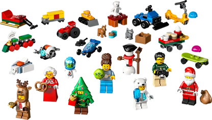 LEGO Advent calendar 2025 60475 with 24 surprises – Includes Santa and Mrs. Claus minifigures, characters with polar bear, reindeer and holiday tree costumes, mini builds and fun accessories