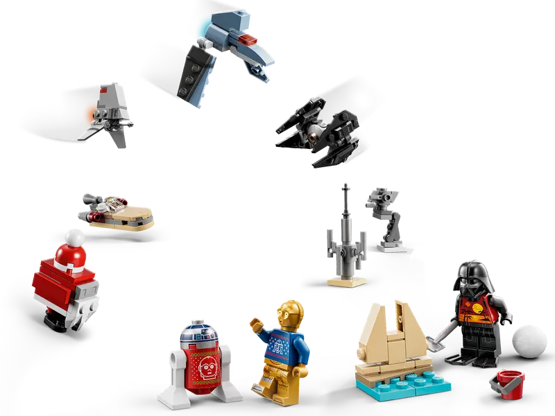 LEGO Star Wars 75340 Advent Calendar 2022 comes with C-3PO and R2-D2 in festive outfits, Darth Vader in a summer outfit, plus Luke Skywalker and a Clone Trooper Commander, Snowtrooper, Battle Droid and Gonk Droid