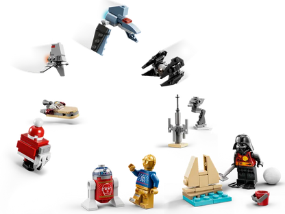 LEGO Star Wars 75340 Advent Calendar 2022 comes with C-3PO and R2-D2 in festive outfits, Darth Vader in a summer outfit, plus Luke Skywalker and a Clone Trooper Commander, Snowtrooper, Battle Droid and Gonk Droid