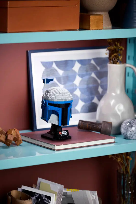 LEGO® Star Wars™ Jango Fett™ Helmet 75408 displayed on a shelf
