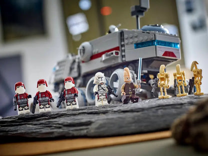 LEGO® Star Wars: Republic Juggernaut 75413 features Ki-Adi-Mundi with a Lightsaber™, Commander Bacara and 3 Galactic Marines with blasters, plus 3 Battle Droid figures with blasters 