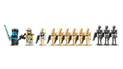 LEGO Star Wars 75435 Battle of Felucia Separatist MTT features Commander Bly and Aayla Secura minifigures, 3 Commando Droid figures, a Pilot Battle Droid and 6 Battle Droid figures with accessories
