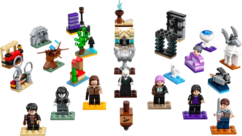 LEGO Harry Potter Advent Calendar 76404 includes 24 Surprises Harry Potter™, Sirius Black™, Moaning Myrtle™, Lord Voldemort™, Horace Slughorn, Nymphadora Tonks™ and Neville Longbottom™, plus iconic items from the Harry Potter films