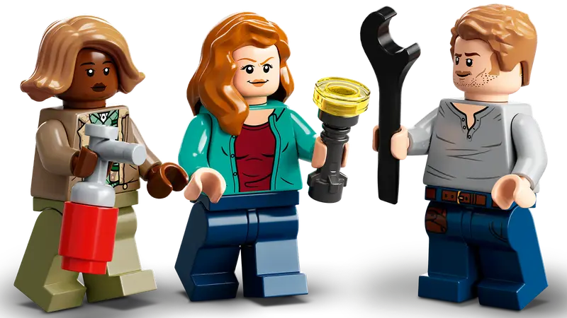 LEGO Jurassic World Quetzalcoatlus Plane Ambush 76947 features Owen Grady, Claire Dearing and Kayla Watts minifigures