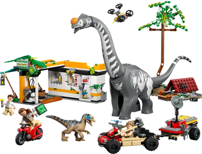 LEGO Jurassic World 76973 features 2 dinosaurs, 3 minifigures, Camp area with falling tree, Charging station and vehicles