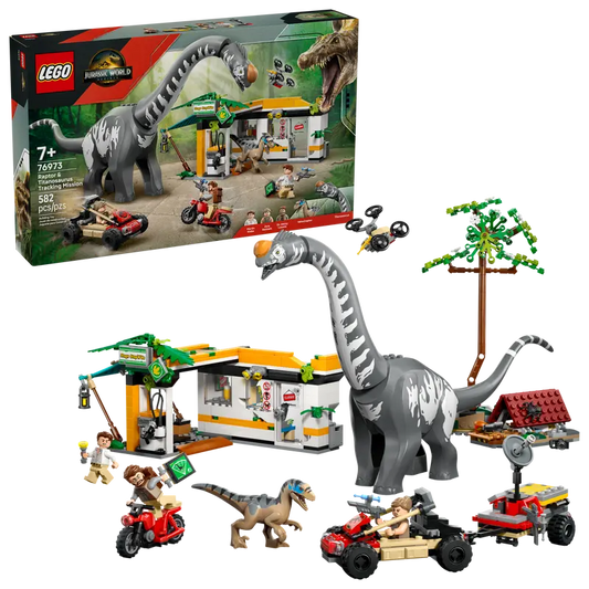 LEGO Jurassic World Raptor & Titanosaurus Tracking Mission 76973 with packaging