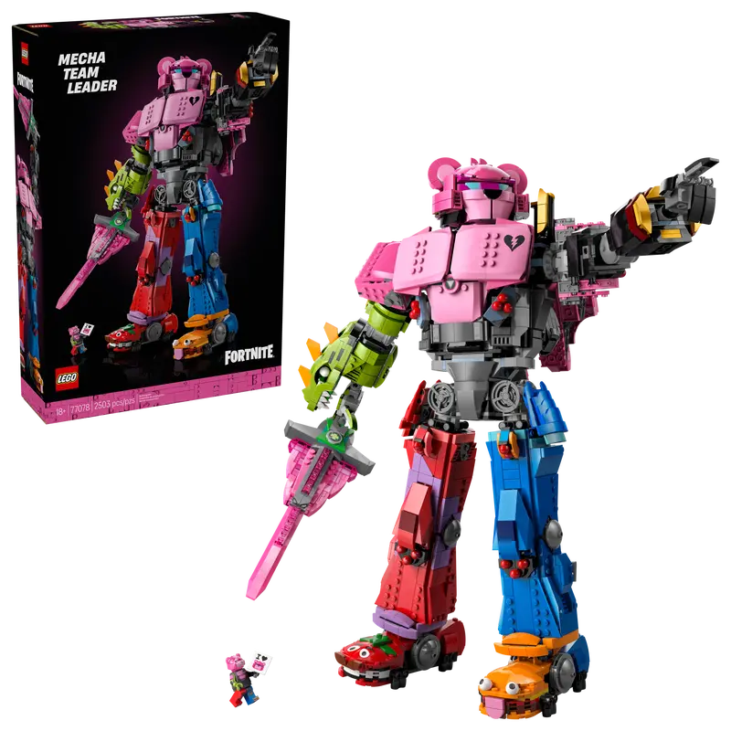 LEGO® Fortnite® Mecha Team Leader 77078 with a minifigure and packaging