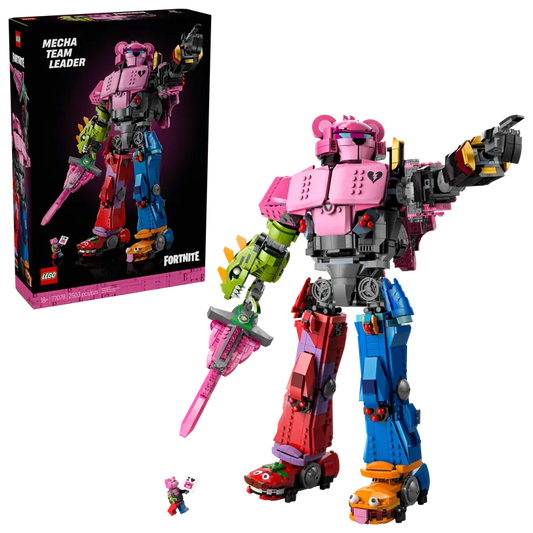 LEGO® Fortnite® Mecha Team Leader 77078 with a minifigure and packaging