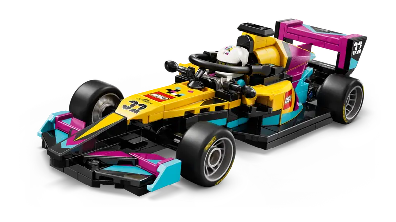 A Female Driver minifigure sitting in LEGO® Speed Champions 77258 F1 ACADEMY LEGO Race Car