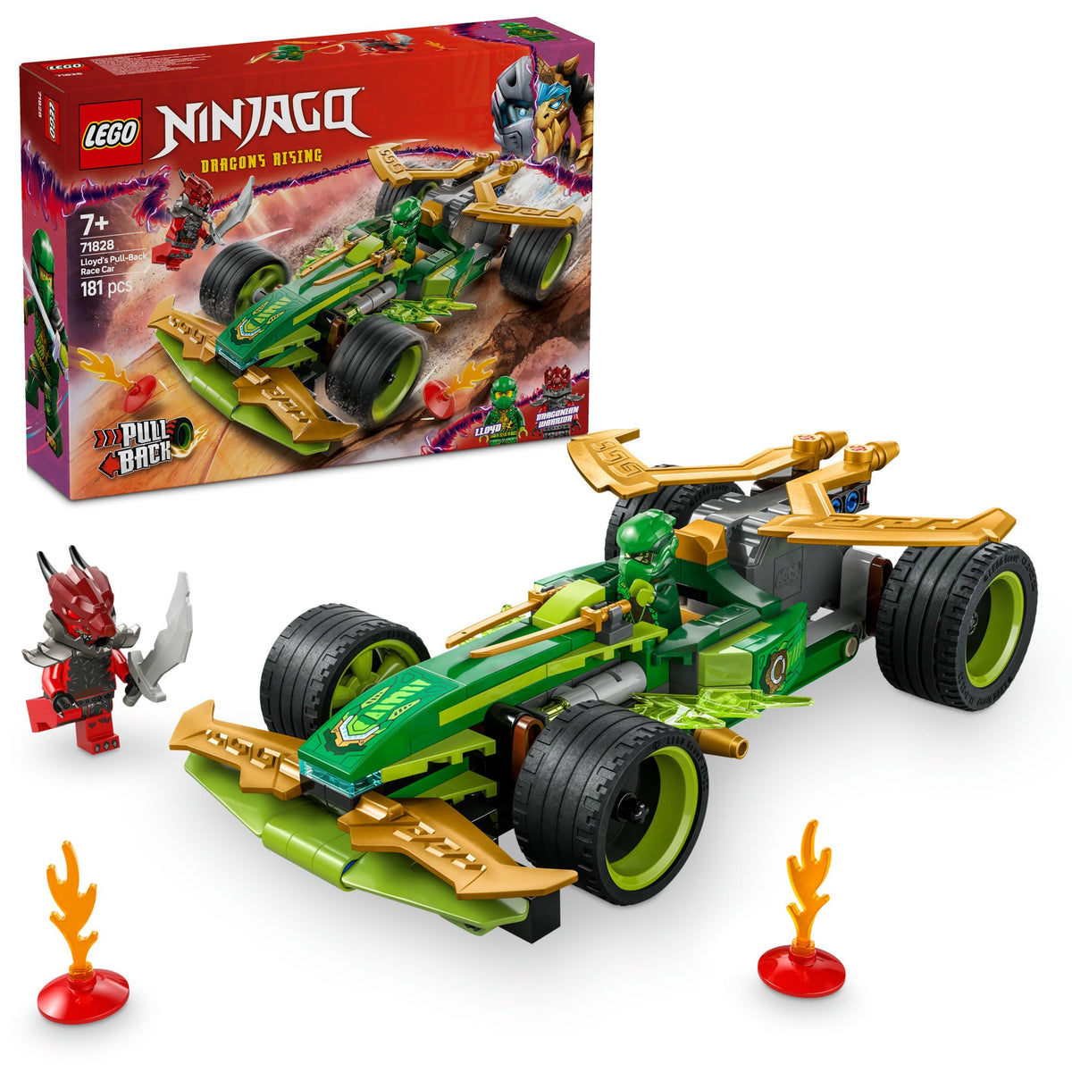 LEGO NINJAGO Lloyd’s Pull-Back Race Car Toy for 7+ Year Old Boys & Girls, Dragons Rising Building Construction Set with 2 Ninja Minifigures for Imaginative Play, Creative Kids Toy 71828