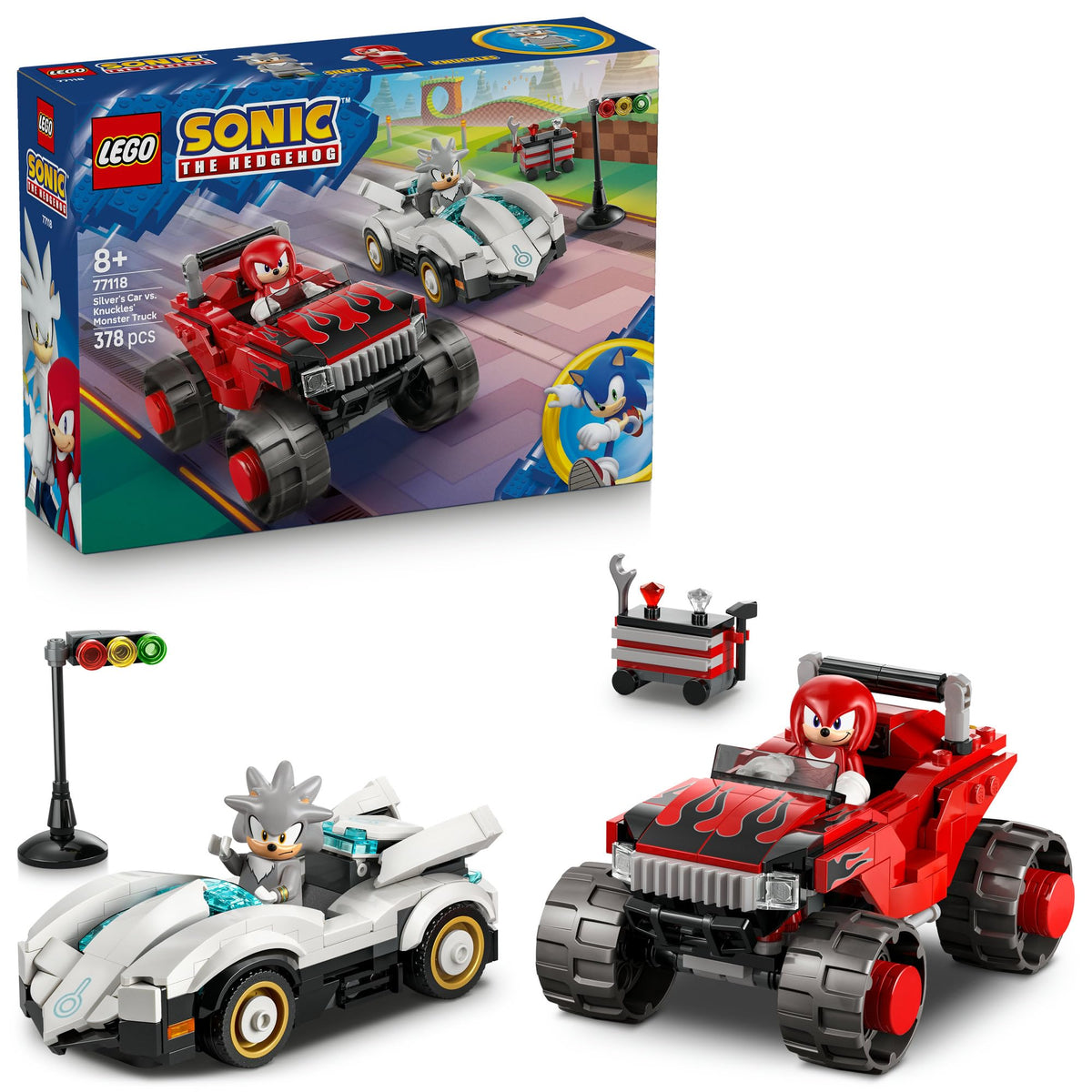 LEGO® Sonic the Hedgehog™ Silver’s Car vs. Knuckles’ Monster Truck 77118 Toy-Car Building Kit for Kids- 2 Racing Vehicle Toys and 2 Minifigures for Boys and Girls Aged 8+ -Sonic Merch Gaming Treat
