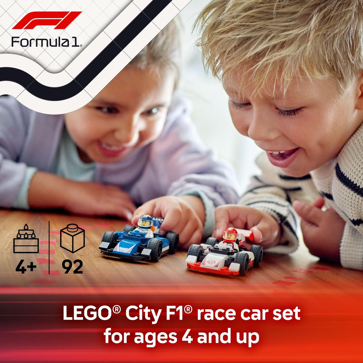 LEGO City F1 Williams Racing & Haas F1 Race Cars Building Toy for 4+ Year Old Boys, Girls & Toddlers, Formula 1 Construction Set with 2 Kids Toy Cars and 2 Driver Minifigures, Model Kit for Fans 60464