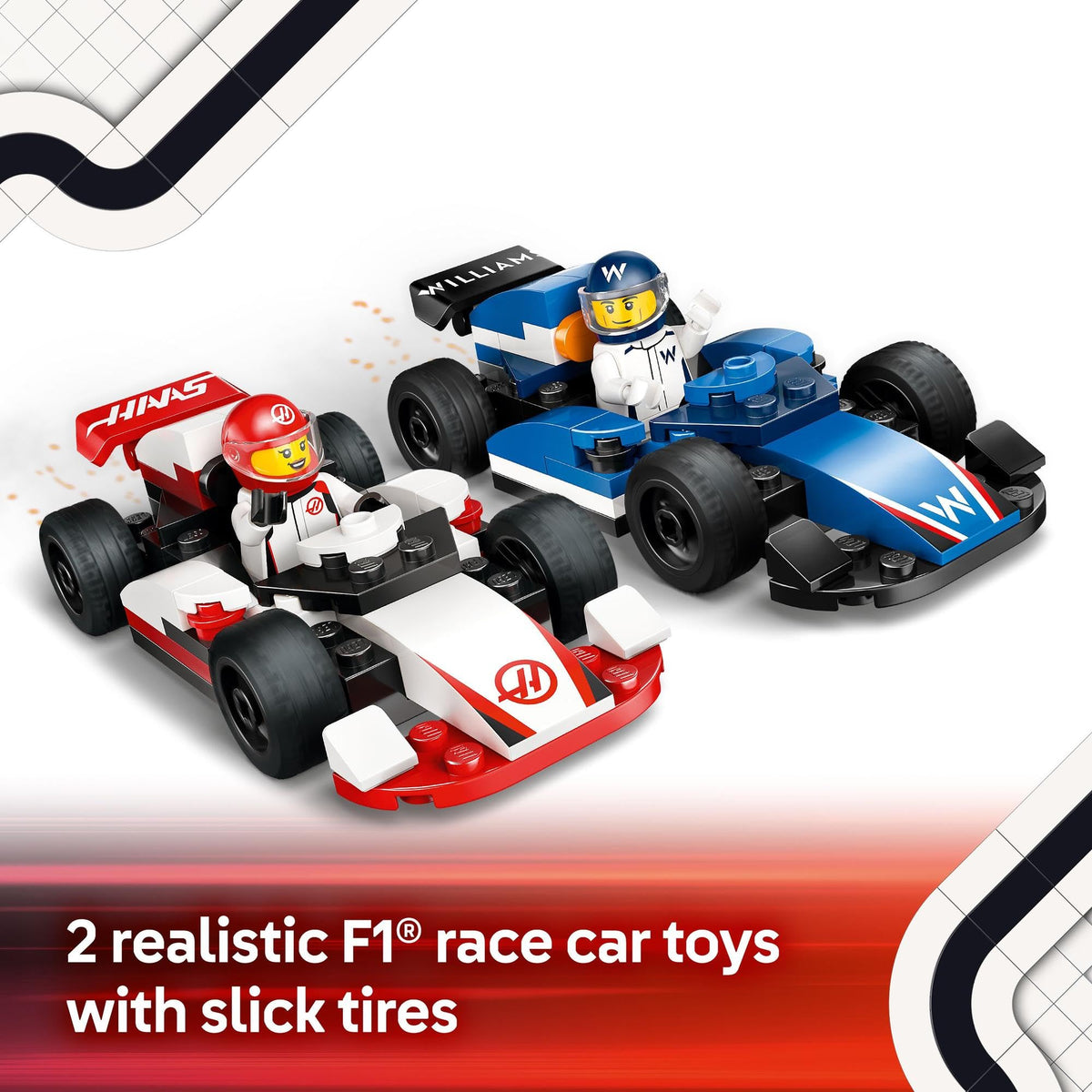 LEGO City F1 Williams Racing & Haas F1 Race Cars Building Toy for 4+ Year Old Boys, Girls & Toddlers, Formula 1 Construction Set with 2 Kids Toy Cars and 2 Driver Minifigures, Model Kit for Fans 60464