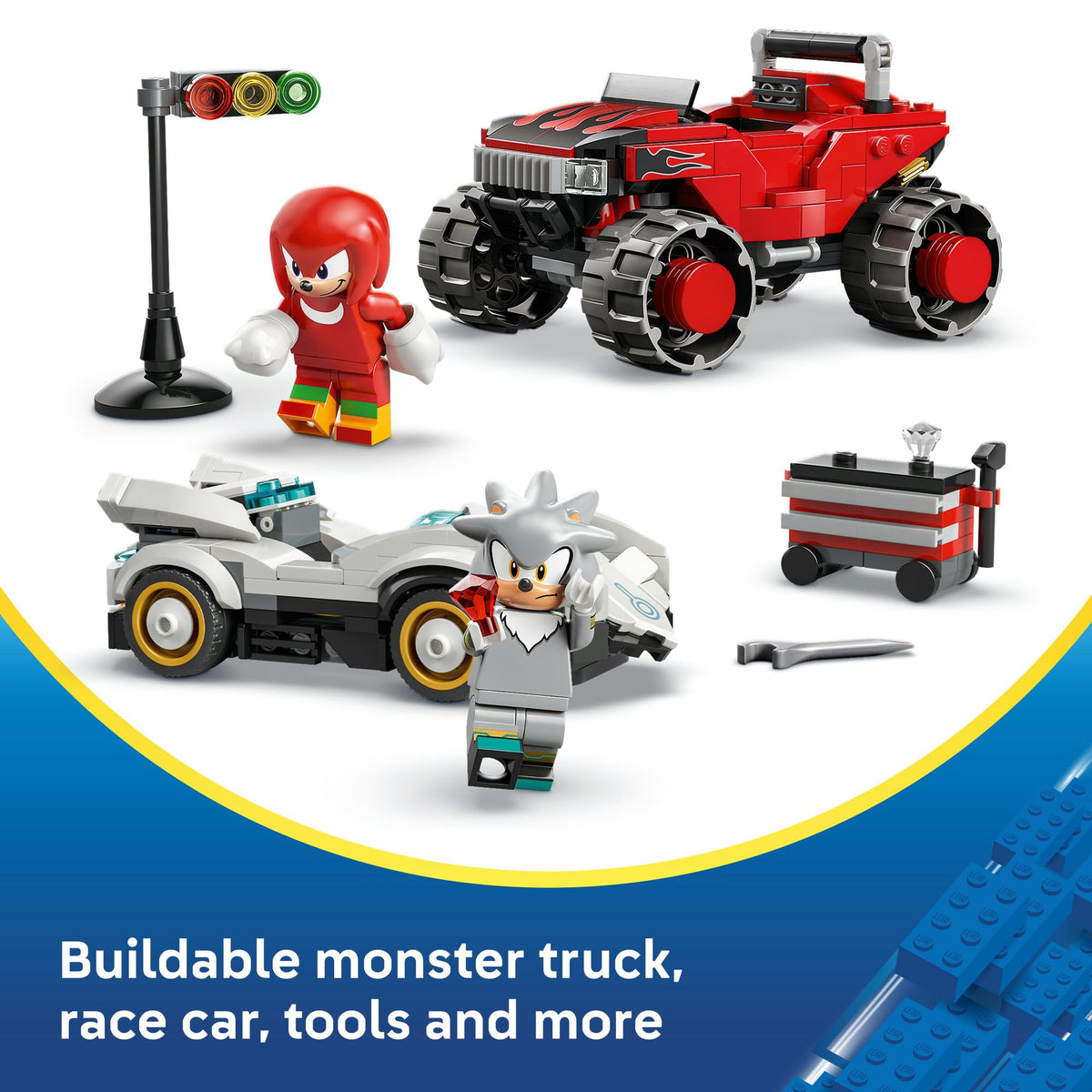 LEGO® Sonic the Hedgehog™ Silver’s Car vs. Knuckles’ Monster Truck 77118 Toy-Car Building Kit for Kids- 2 Racing Vehicle Toys and 2 Minifigures for Boys and Girls Aged 8+ -Sonic Merch Gaming Treat