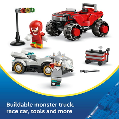 LEGO® Sonic the Hedgehog™ Silver’s Car vs. Knuckles’ Monster Truck 77118 Toy-Car Building Kit for Kids- 2 Racing Vehicle Toys and 2 Minifigures for Boys and Girls Aged 8+ -Sonic Merch Gaming Treat